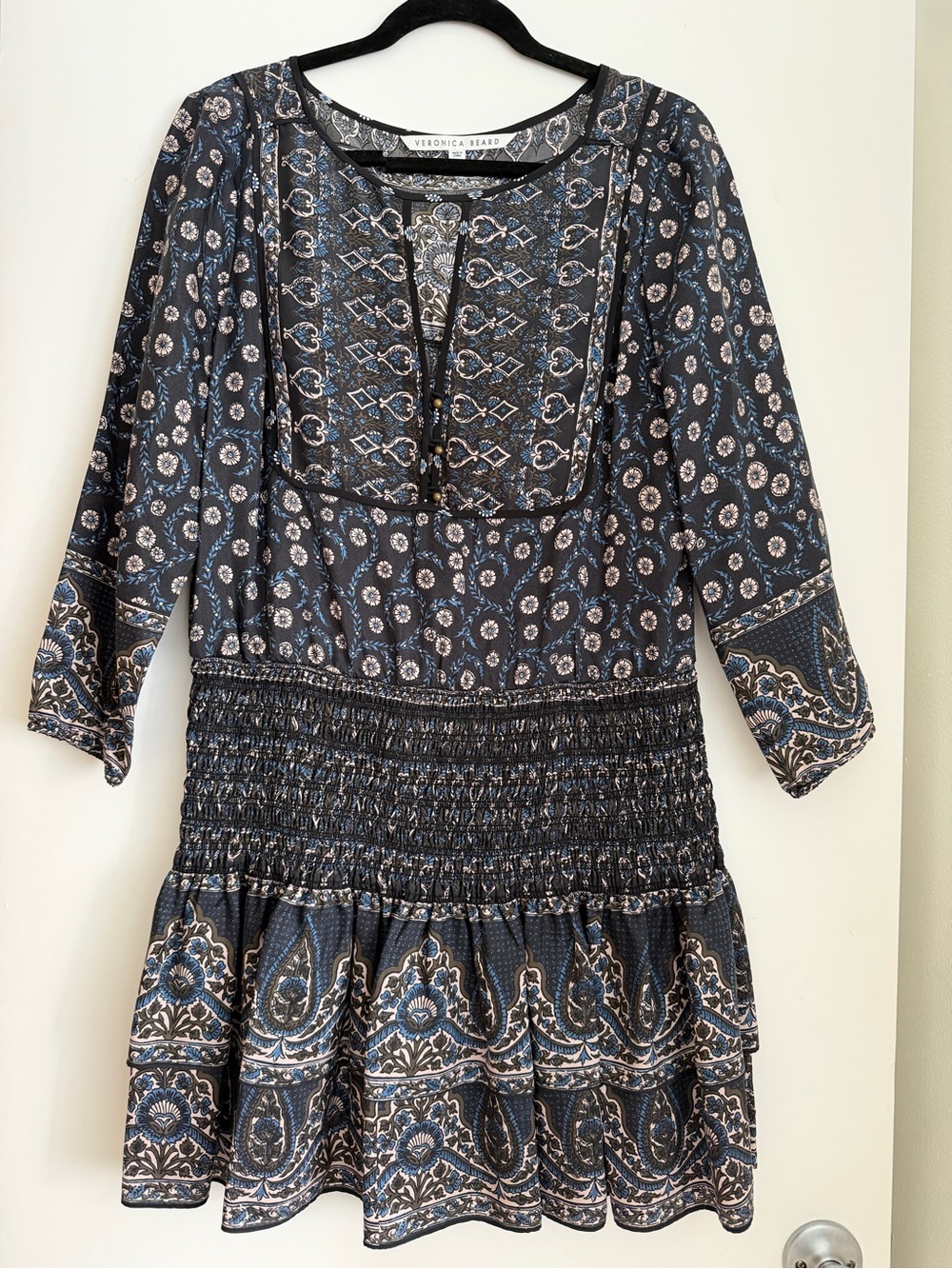 Veronica Beard Makai Silk Smocked Navy and Cream Floral Paisley Dress Sz 12